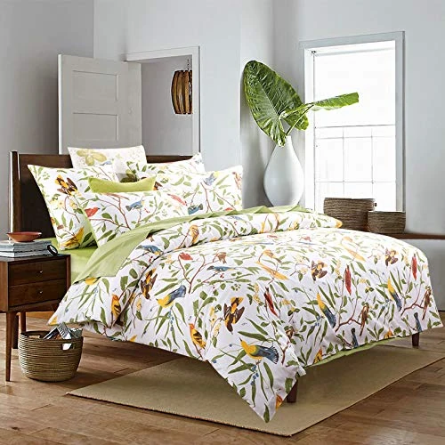 Brandream Vintage Botanical Flower Print Birds Bedding 800tc Cotton Sateen Romantic Floral Duvet Cover 3pc Set Colorful Pattern Design (Twin,Green)