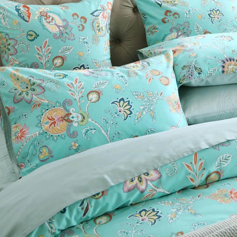 Brandream Vintage Style 3 Piece Duvet Cover Set Multicolored Flowers Bouquet 100-percent Cotton Shabby Reversible Floral Bedding (Queen,Teal)