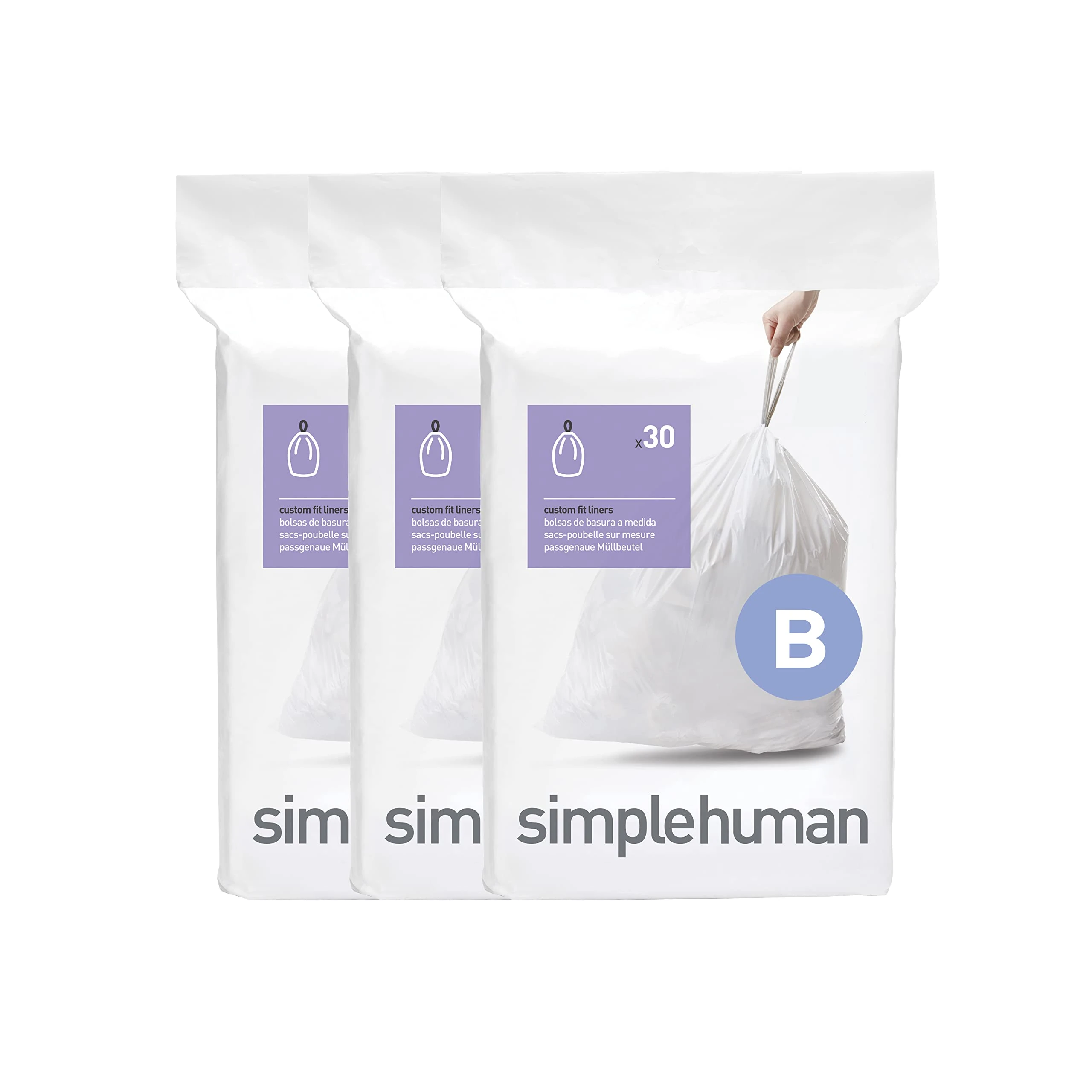 simplehuman CW0251 code B Custom Fit Bin Liner Bulk Pack, White Plastic (3 Pack of 30, Total 90 Liners)