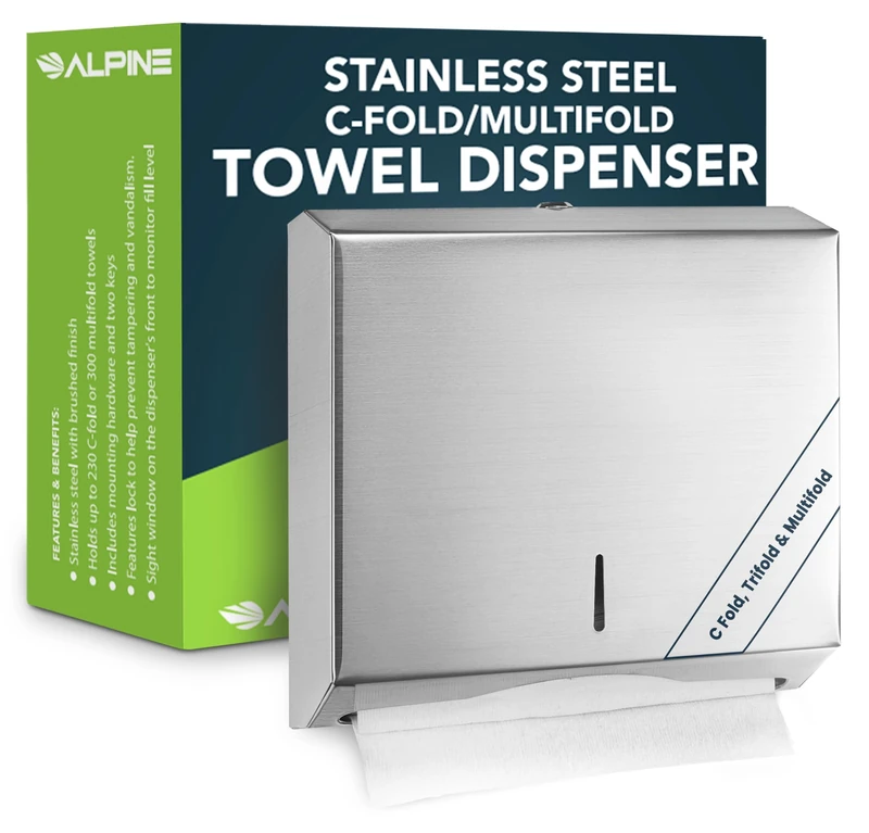 Alpine Industries C-Fold/Multifold Paper Towel Dispenser - Brushed Stainless Steel (290 C Folds/ 380 Multi-Fold)