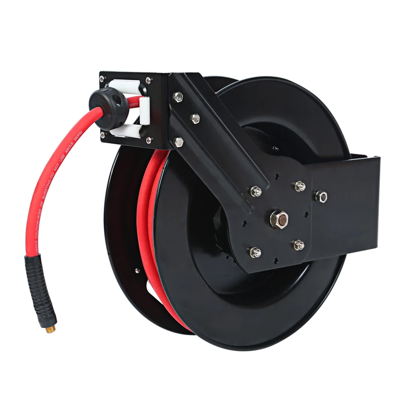 MaxWorks 80720 50' Auto Rewind Retractable Reel with 3/8" x Air Hose with Brass Fittings, Blsck and Red