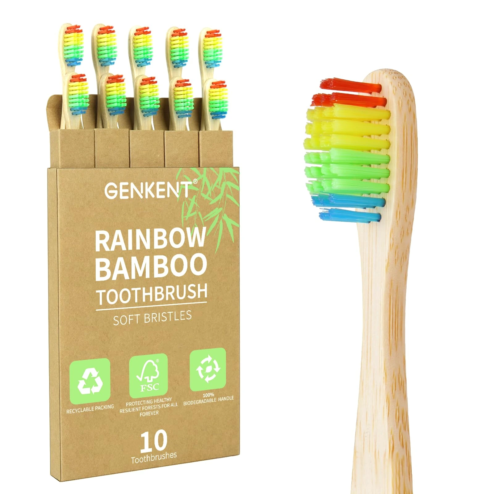 Genkent Natural Bamboo Toothbrush Made with Rainbow Nylon Infused Bristles in Recycled Biodegradable Packaging (10 Counts)