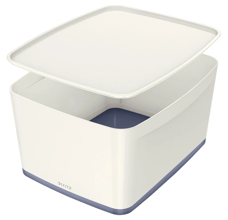 Leitz Large MyBox with Lid, Storage Box for Home and Office, High Gloss Plastic,18 Litre, A4, White/Grey