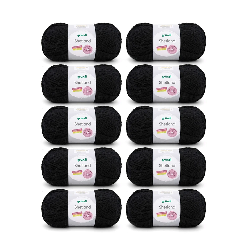 Gründl Shetland Wool (fashionable and soft knitting yarn made of 80% polyacrylic and 20% wool, 100 g / 170 m, needle size: 7-8, 10 x 100 g), Black