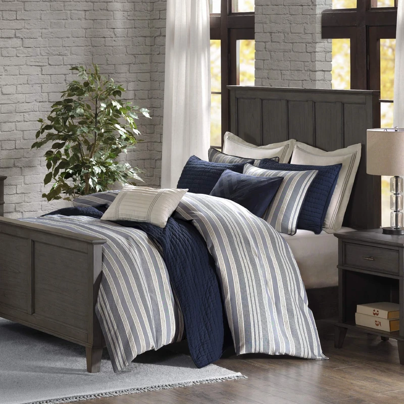 MADISON PARK SIGNATURE All Season Bedding Combo Filled Insert and Removable Duvet Cover, Matching Shams, Decorative Pillows, Fabric, Stripe Blue, Queen