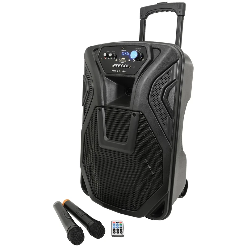 qtx BUSKER-12 | Rechargeable Battery Powered Portable PA with 2 Wireless Microphones and Bluetooth Connectivity, 12-Inch