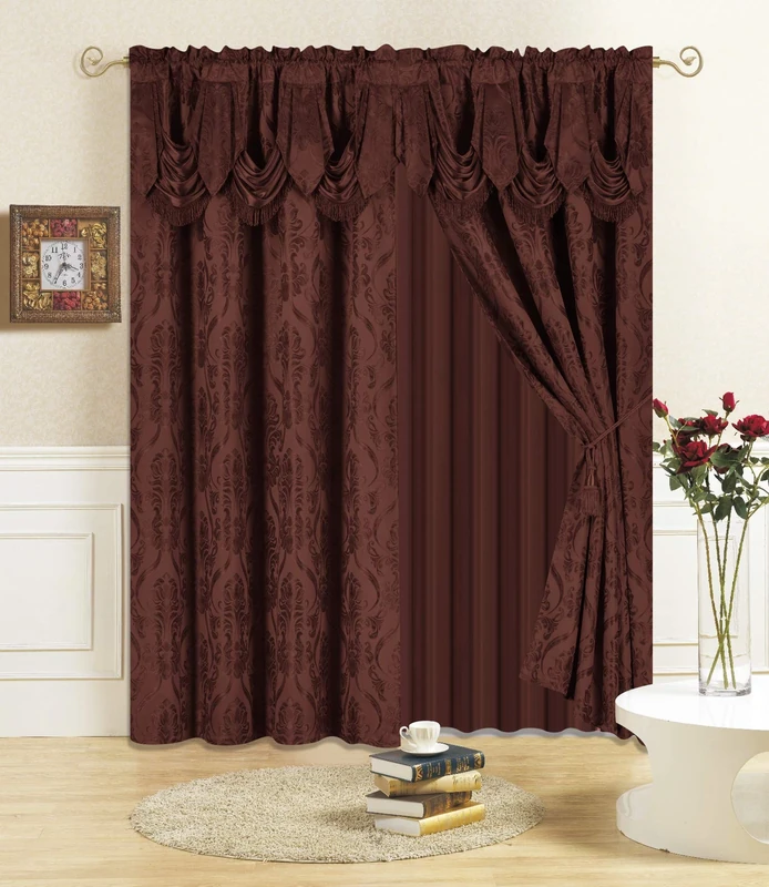 All American Collection New 4 Piece Drape Set with Attached Valance and Sheer with 2 Tie Backs Included (84" Length, Coffee)