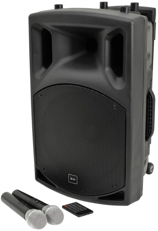 qtx | QX12PA Plus Complete Portable PA System | 2 x UHF Wireless Microphones & Media player USB/SD/FM/Bluetooth Connectivity,Black,12"