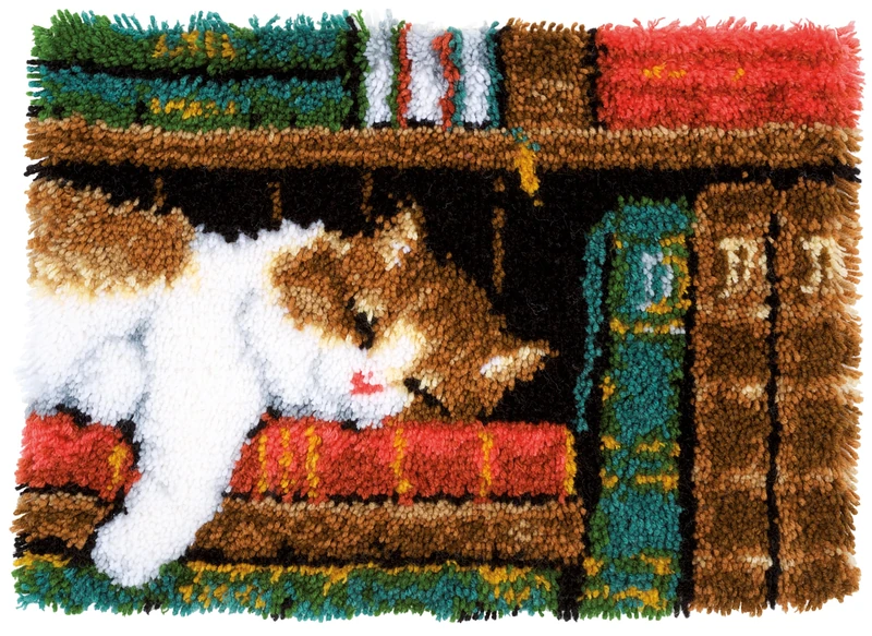 Vervaco Latch Hook Carpet Cat on Bookshelf, Cotton Blend, Assorted, 43.5 x 23.5 x 30 cm