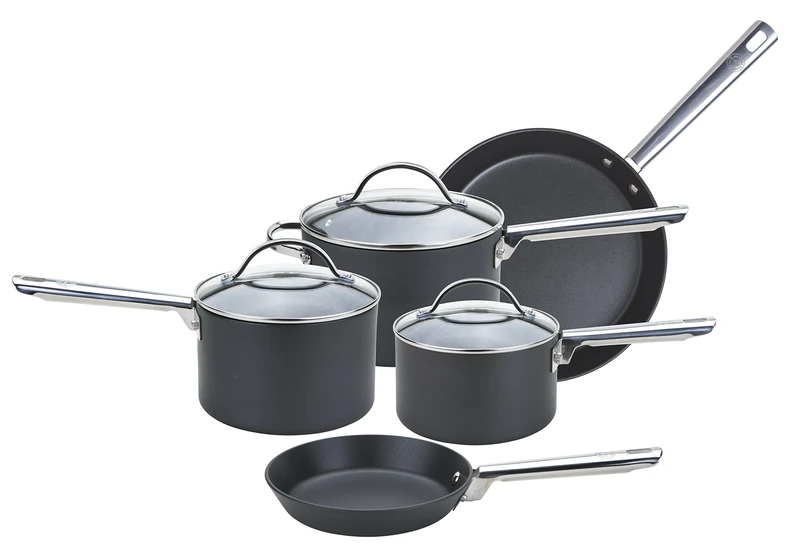 Anolon Professional Pots and Pans Set - 5 Piece Non Stick Pan Set with Glass Lids, Durable Stainless Steel Handles, Metal Utensil Safe Saucepan Set & Frying Pan Set, Black