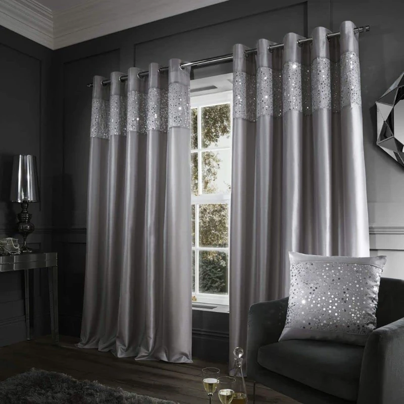 Catherine Lansfield Glitzy Sequin 66x90 Inch Lined Eyelet Curtains Two Panels Grey - Image 1
