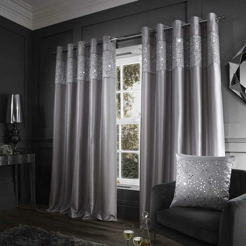 Catherine Lansfield Glitzy Sequin 66x72 Inch Lined Eyelet Curtains Two Panels Grey - Image 1
