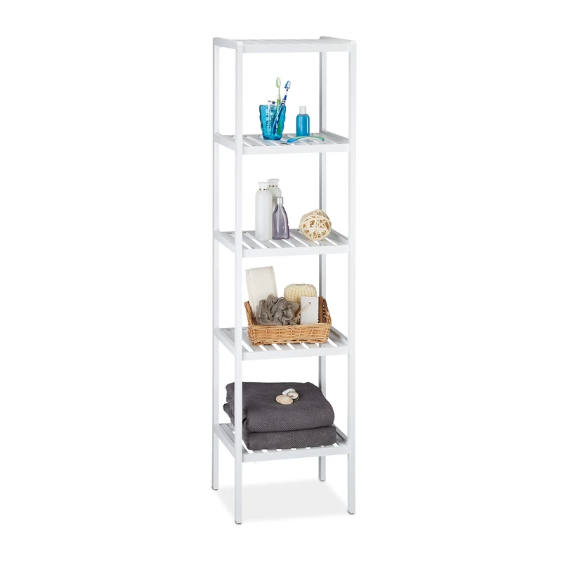 Relaxdays Bamboo Bath Rack with 5 Shelves, HxWxD: 139.5 x 34.5 x 33 cm, Tall Freestanding Shelving Unit, Kitchen Shelves, White