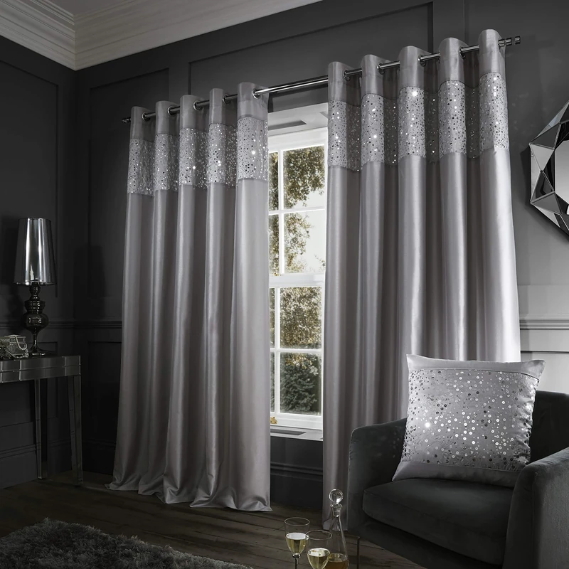 Catherine Lansfield Glitzy Sequin 90x90 Inch Lined Eyelet Curtains Two Panels Grey