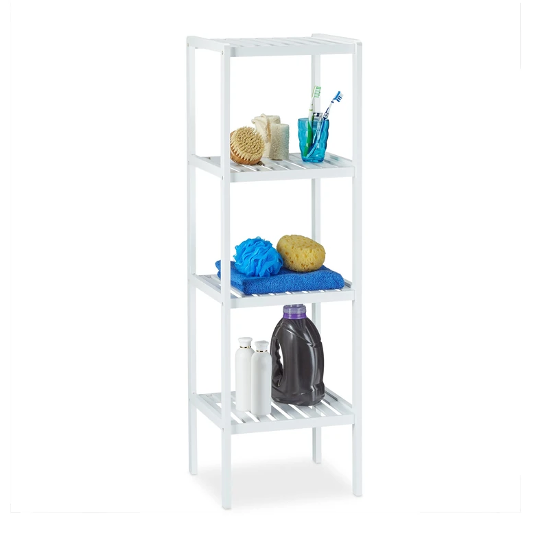 Relaxdays Bamboo Bath Rack with 4 Shelves, HxWxD: 110 x 34.5 x 33 cm, Tall Freestanding Shelving Unit, Wooden, White