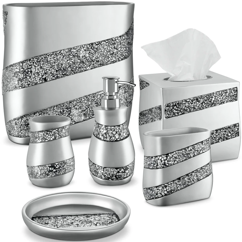 Bathroom Accessories Dwellza Silver Mosaic Set 6 Piece Bath Set Collection Features Soap Dispenser Toothbrush Holder Tumbler Soap Dish Tissue Cover Wastebasket - Image 1