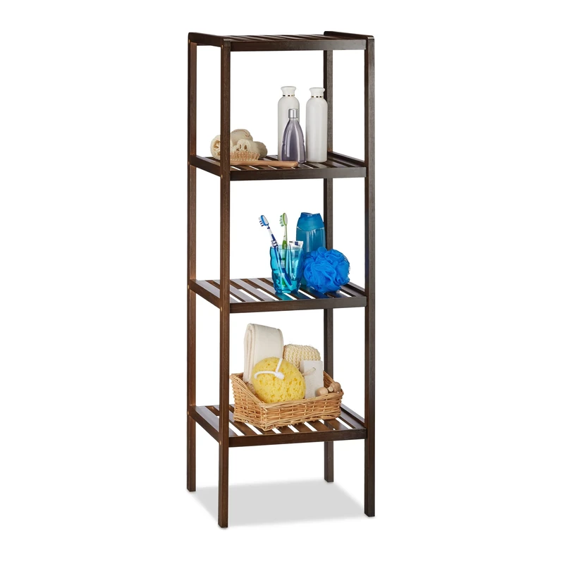 Relaxdays Bamboo Bath Rack with 4 Shelves, HxWxD: 110 x 34.5 x 33 cm, Tall Freestanding Shelving Unit, Wooden Shelves, Dark Brown