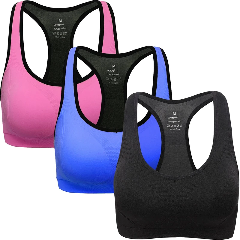 ANGOOL Women's Sports Bra Padded High Impact Racerback Comfy Yoga Workout Bra, L Fit 36D 36DD 36E 38D 40BC, Black+blue+rose