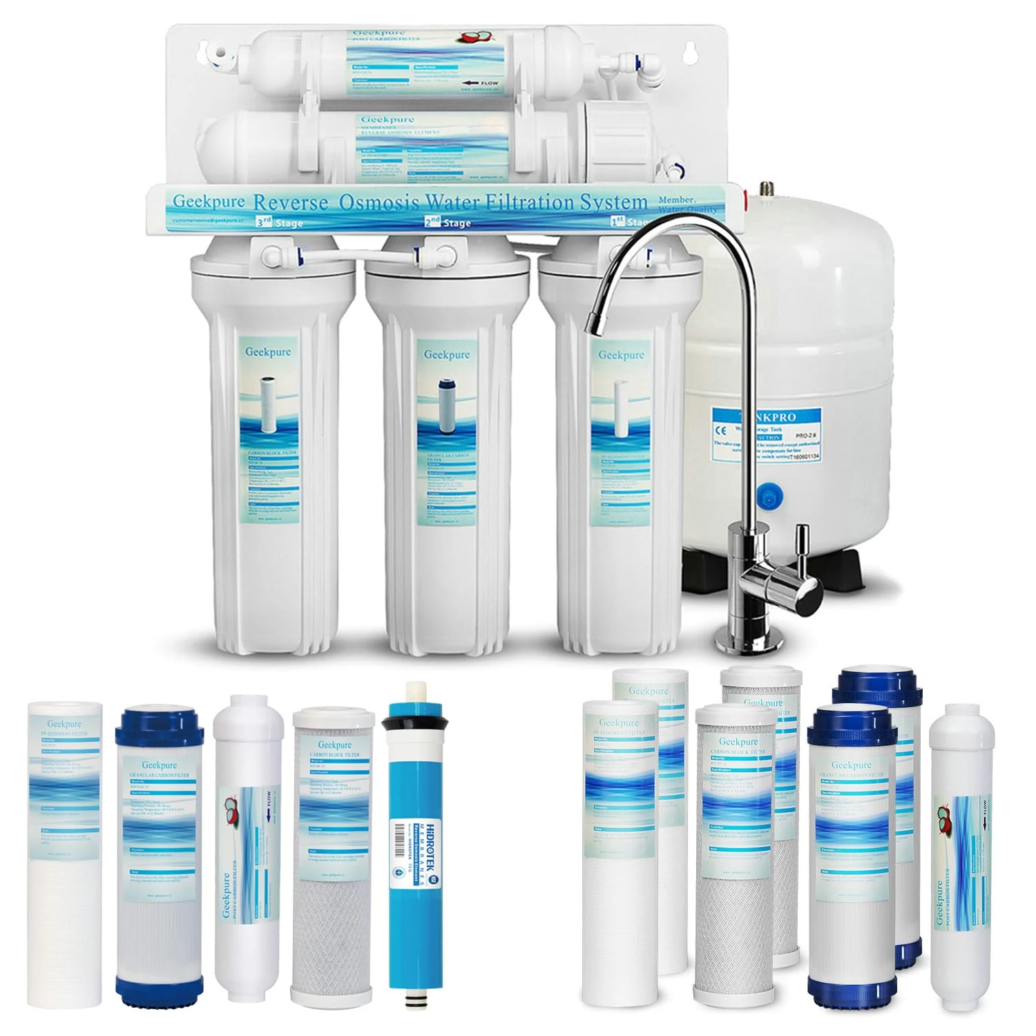Geekpure 5-Stage Reverse Osmosis Drinking Water Filter System 75GPD - Plus Extra 7 Filters
