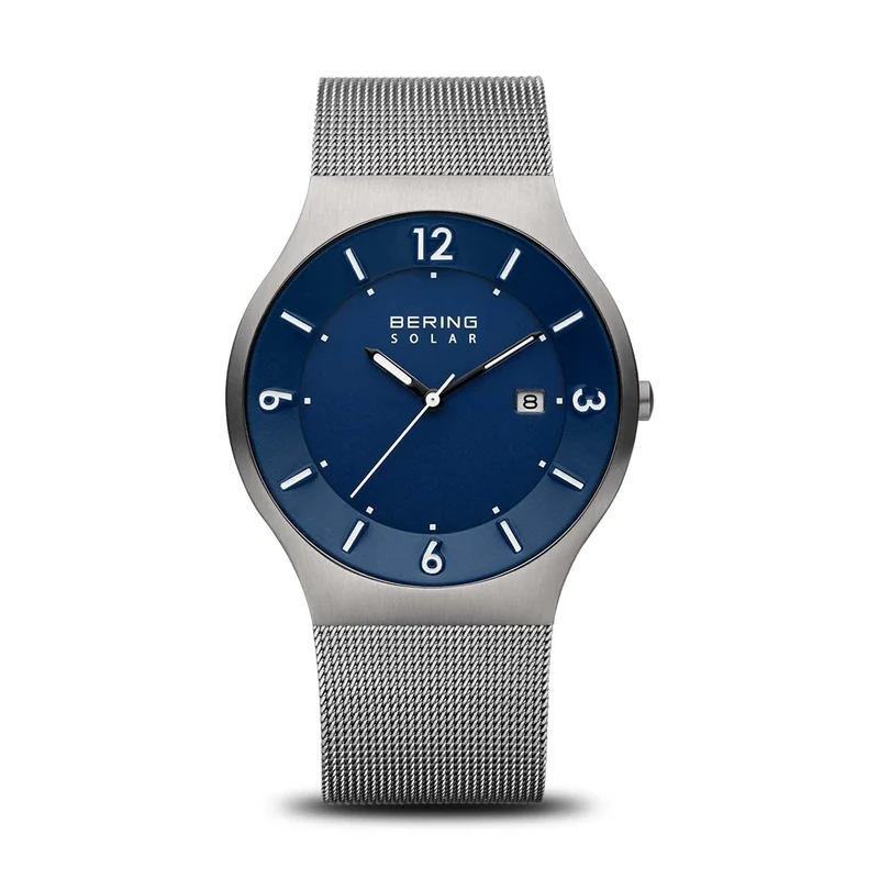 BERING Men Analog Solar Collection Watch with stainless steel Strap and Sapphire Crystal 14440-007, Grey/Blue, 40