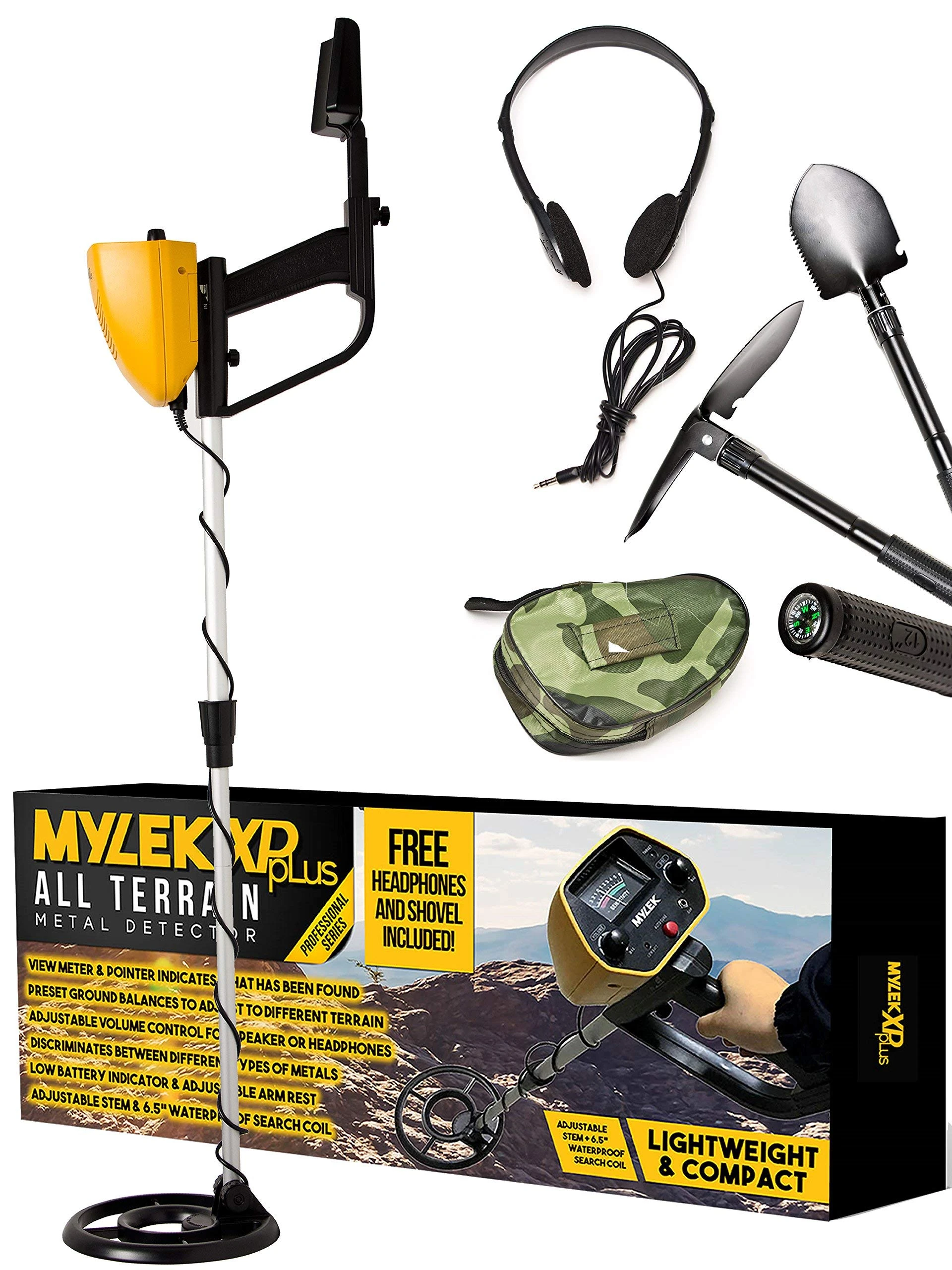 MYLEK MYMD1062 Metal Detector Waterproof Complete with Bag, Headphones, Shovel & Pick/Compass Tool Kit for Kids & Adults, Yellow and Black