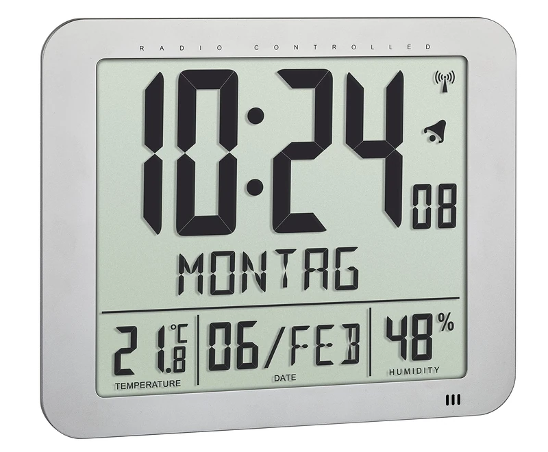 TFA Dostmann Radio-Controlled Digital Clock, 60.4516.54, with Room Climate, Written Day of the Week (10 Languages), 2 Alarm Functions, Table Clock or Hanging, (L) 248 x (W) 25 (73) x (H) 206 mm