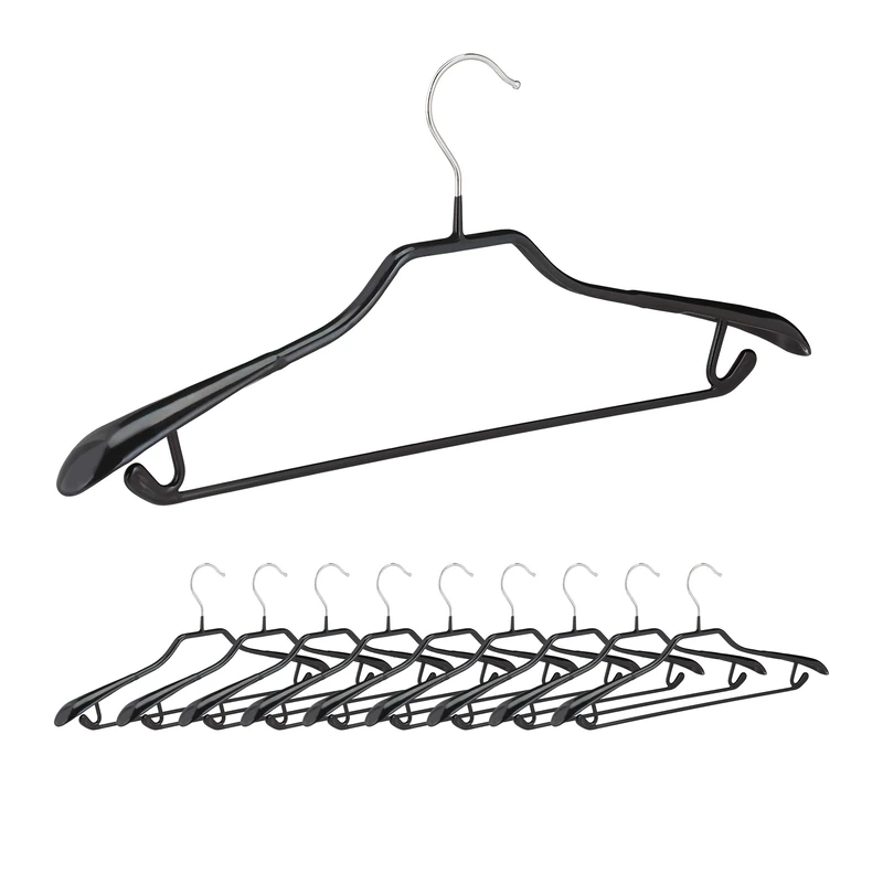 Relaxdays Clothes Hangers for Suits, Set of 10, Coat Hangers, Metal with Rubber, Non-slip, Compact, 45 cm, Black