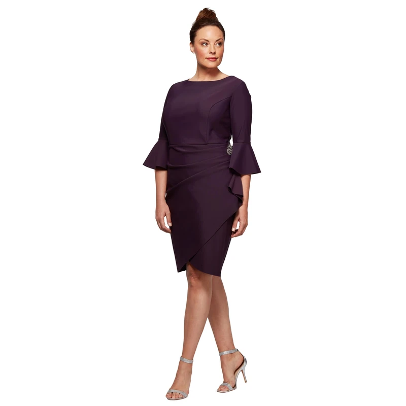 Alex Evenings Women's Slimming Short Dress with Bell Sleeves (Petite and Regular) Special Occasion, Aubergine, 16