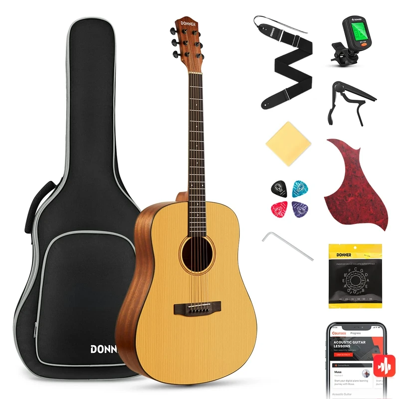 Donner Acoustic Guitar Full Size 4/4 Dreadnought Guitar Package 41 Inch Spruce Mahogany for Beginner with Gig Bag Tuner Strap Strings Capo Picks (DAG-1)