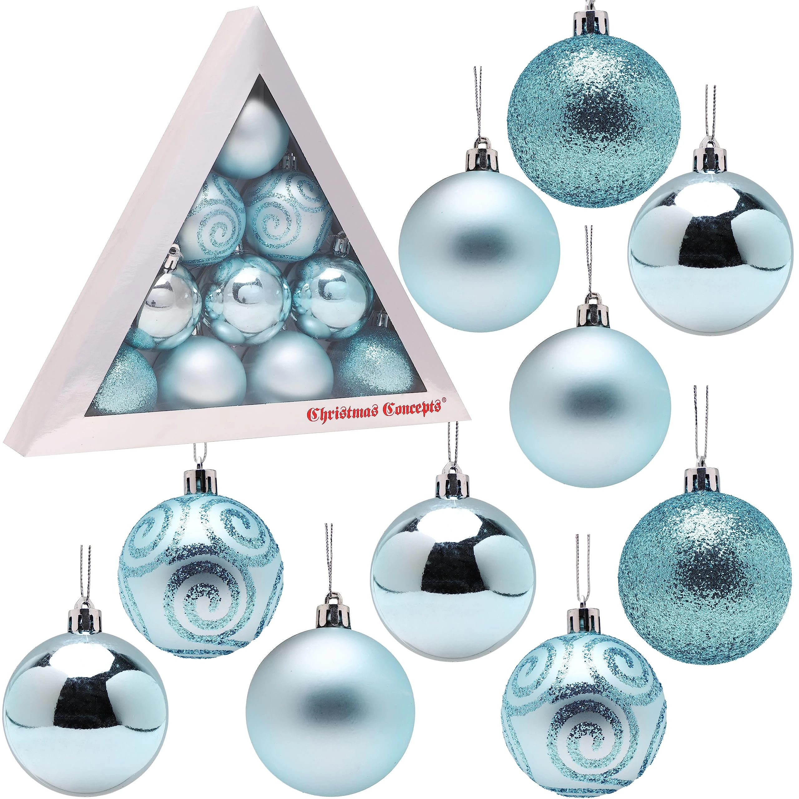 Christmas Concepts® Pack of 10-60mm (2.4") Christmas Tree Baubles - Shiny, Matte & Glitter Decorated Baubles (Ice Blue)