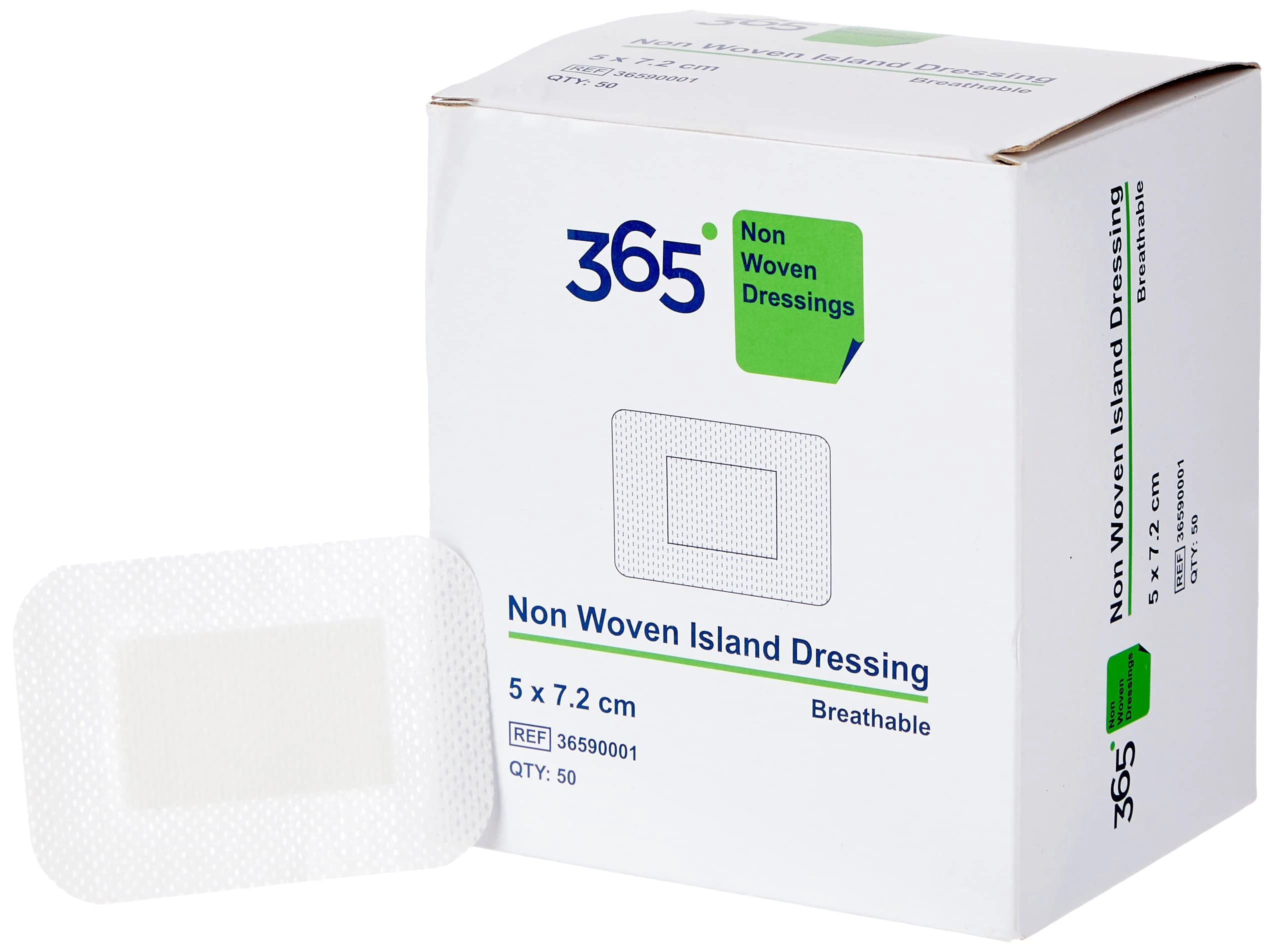 365 Non Woven Island Dressing 5 x 7.2 cm - Pack of 50 (Ref 36590001), Packaging may vary