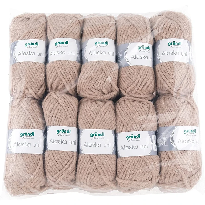 Gründl Alaska Plain Knitting and Crochet Yarn with Wool-like Character 80% Polyacrylic and 20% Wool 100g/75m Needle Size 10mm - 12mm 10 x 100g Sand 40cm x 37cm x 11cm