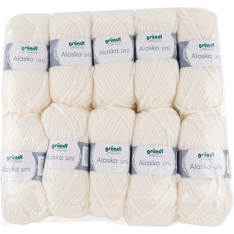Gründl Alaska Plain Knitting and Crochet Yarn with Wool-like Character 80% Polyacrylic and 20% Wool, 100 g/75 m, Needle Size: 10 mm - 12 mm, 10 x 100 g, Ecru