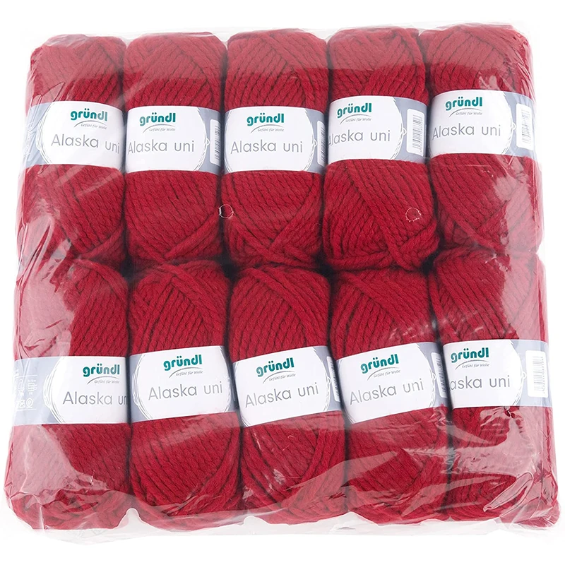 Gründl Alaska Plain Knitting and Crochet Yarn with Wool-like Character 80% Polyacrylic and 20% Wool, 100 g / 75 m, Needle Size: 10 mm - 12 mm, 10 x 100 g, Red