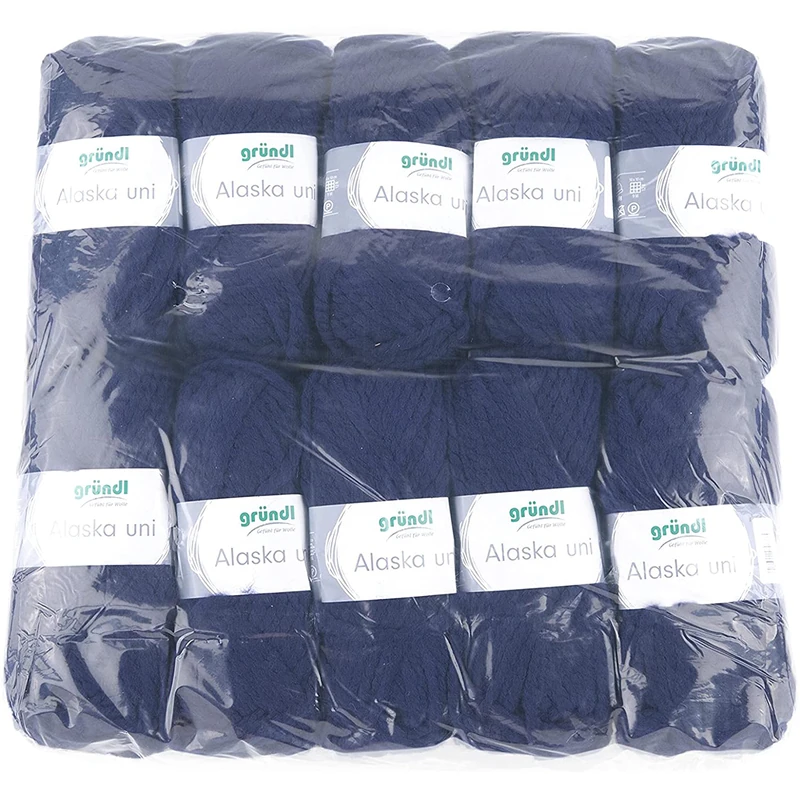 Gründl Alaska Plain Knitting and Crochet Yarn with Wool-like Character 80% Polyacrylic and 20% Wool, 100 g / 75 m, Needle Size: 10 mm - 12 mm, 10 x 100 g, Navy