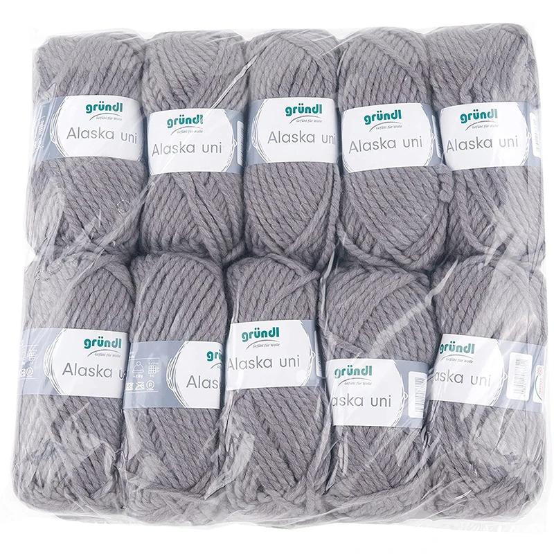 Gründl Alaska Plain (Knitting and Crochet Yarn with Wool-like Character 80% Polyacrylic and 20% Wool, 100g/75m, Needle Size: 10mm-12mm, 10 x 100g), Medium Grey, 40 x 37 x 11 cm