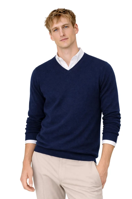 State Cashmere Men's 100% Pure Cashmere Jumper Long Sleeve Pullover V Neck Sweater-L-Navy