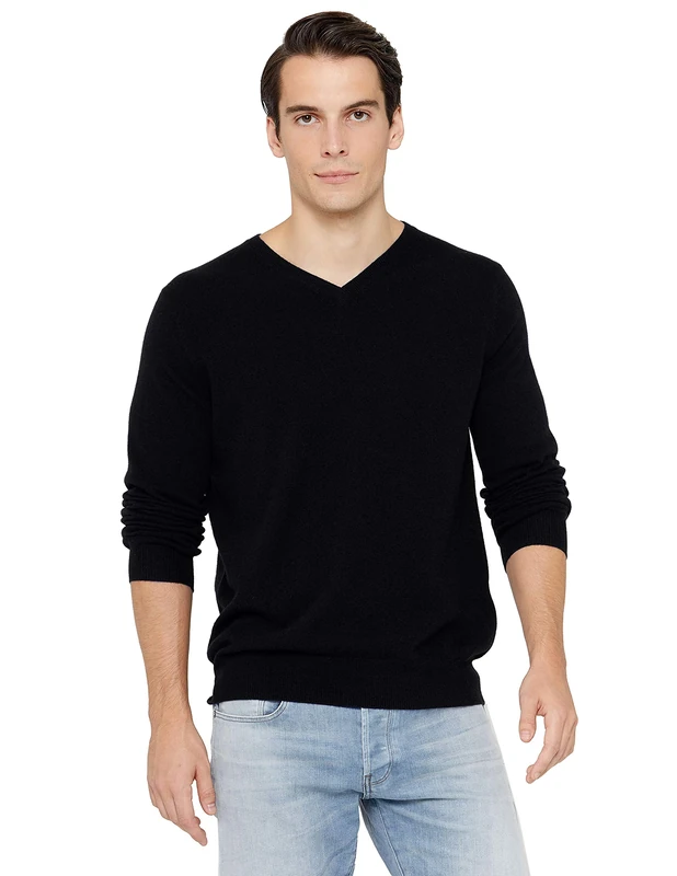 State Cashmere Men's 100% Pure Cashmere Jumper Long Sleeve Pullover V Neck Sweater-XXL-Black