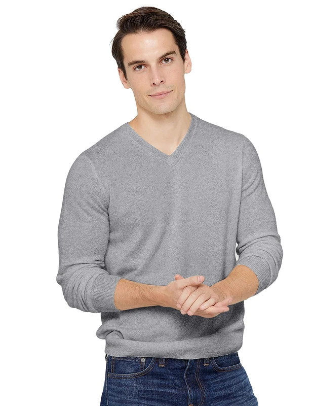 State Cashmere Men's 100% Pure Cashmere Jumper Long Sleeve Pullover V Neck Sweater-X-Large-Heather Grey