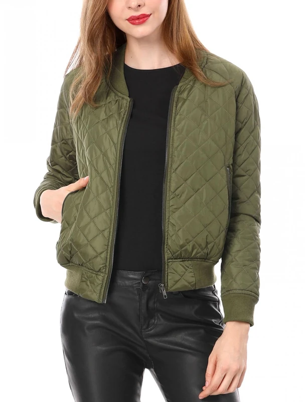 Allegra K Women's Zip Up Raglan Long Sleeves Quilted Bomber Jacket Green XL