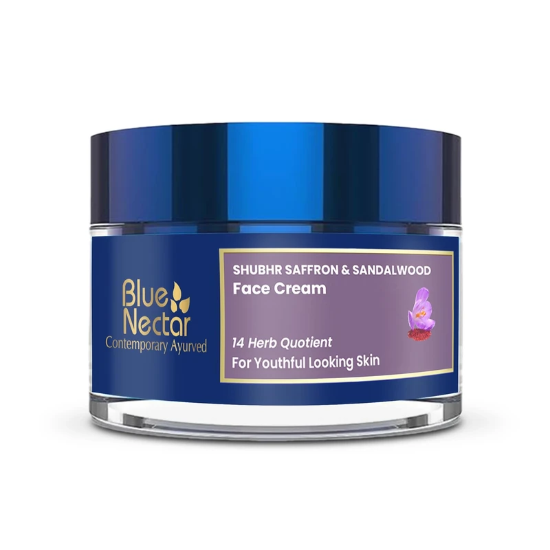 Blue Nectar Anti Aging Face Cream for Women | Ayurvedic Day & Night Moisturiser with Saffron & Sandalwood | Collagen Face Cream for Skin Firming & Hydration (14 Herbs, 50g)