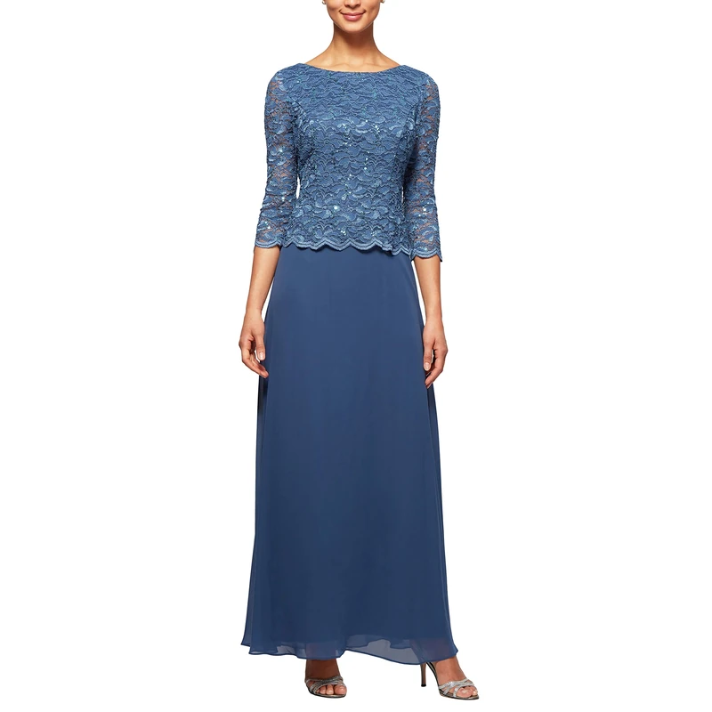 Alex Evenings Women's Tea Length Sequin Mock Dress (Petite and Regular) Special Occasion, Wedgewood, 18