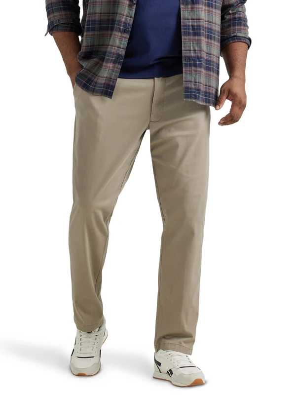 Lee Men's Extreme Motion Flat Front Relaxed Taper Pant Casual, Khaki, 40W x 34L