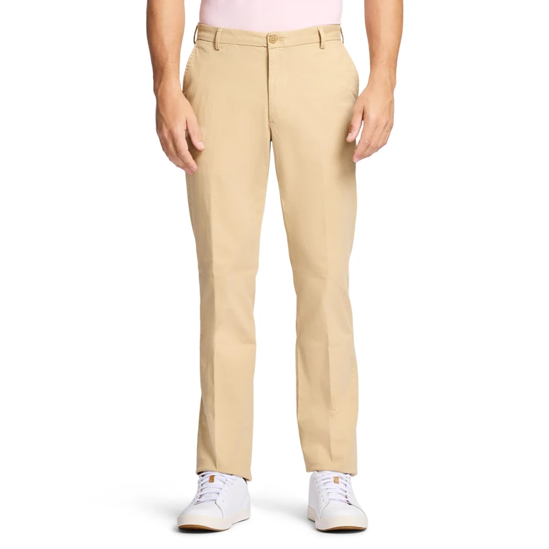 Izod Men's Saltwater Stretch Flat Front Straight Fit Chino Pant Casual, Pale Khaki, 32W x 32L