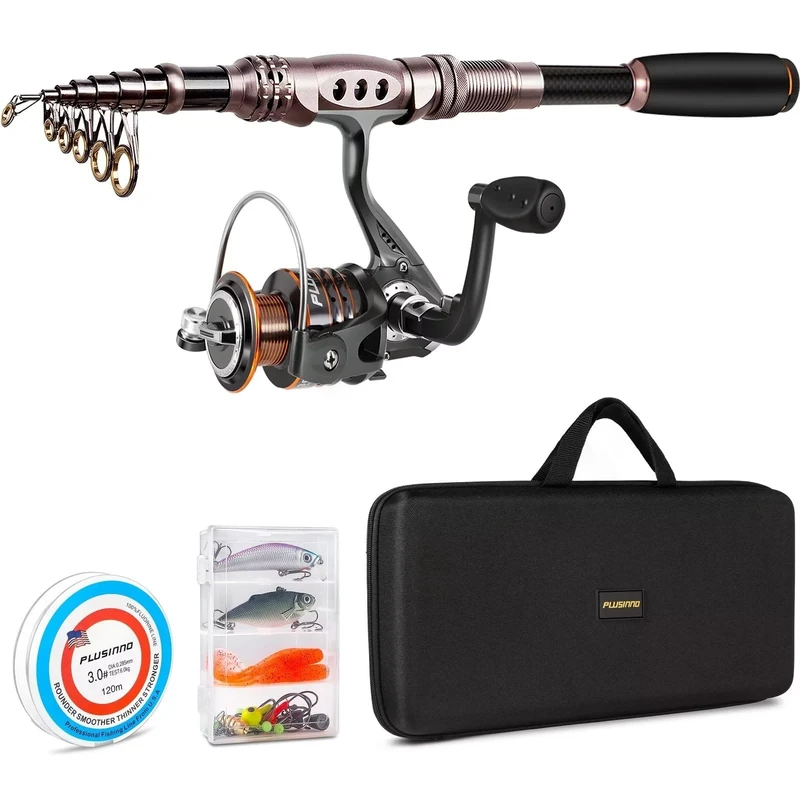 PLUSINNO Spinning Rod and Reel Combos - Telescopic Fishing Rod Pole with Reel, Line, Lures, Hooks, Carrier Bag, Case and Accessories - Fishing Gear Organizer (2.4M / 7.87FT)