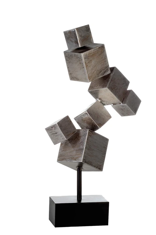 Casablanca Design Metal Decorative Sculpture Cubes - Cube - Silver Antique Finish - Black Base - Height 56 cm