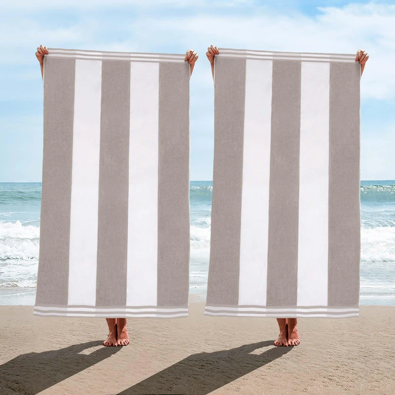 Superior Cotton Striped Beach Towels, Colorful Towels for Adult, Kid, Pool, Swimming, Sand, Travel, Large Oversized, Absorbent, Fast Drying, Bath Basics, Cabana Collection, Set of 2, Light Grey