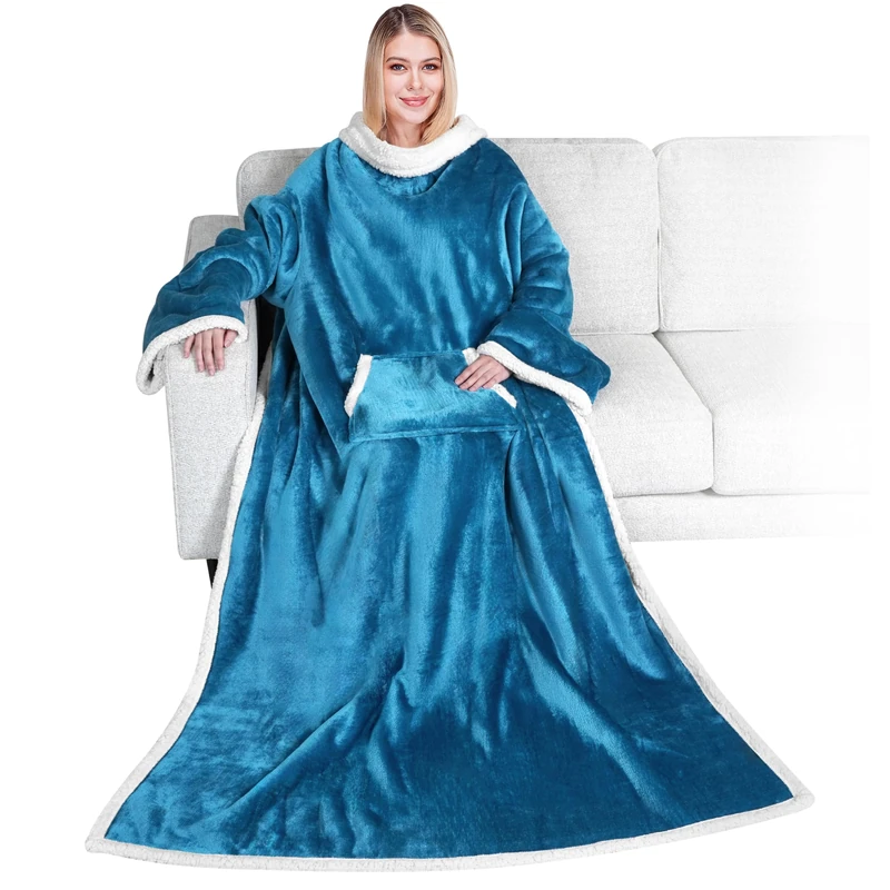 PAVILIA Premium Fleece Blanket with Sleeves for Women Men Adult, Wearable Blanket Warm Cozy, Super Soft Sleeved Throw with Arm, Gift for Women Mom Wife (Teal Blue, Regular Pocket)