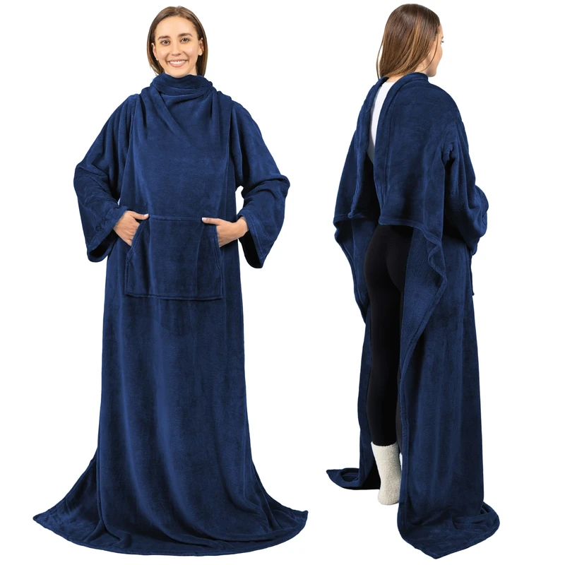 PAVILIA Premium Fleece Blanket with Sleeves for Women Men Adult, Wearable Blanket Warm Cozy, Super Soft Sleeved Throw with Arm, Gift for Women Mom Wife (Navy Blue, Regular Pocket)