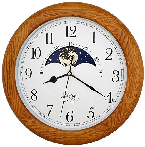JUSTIME 14 Inch Exclusive Solid OAK Wood Non-ticking Sweep Mechanical Specialty Moon Phase Moving Dial Wall Clock, Gift, Home Décor (TCWS712-MD-OAK)